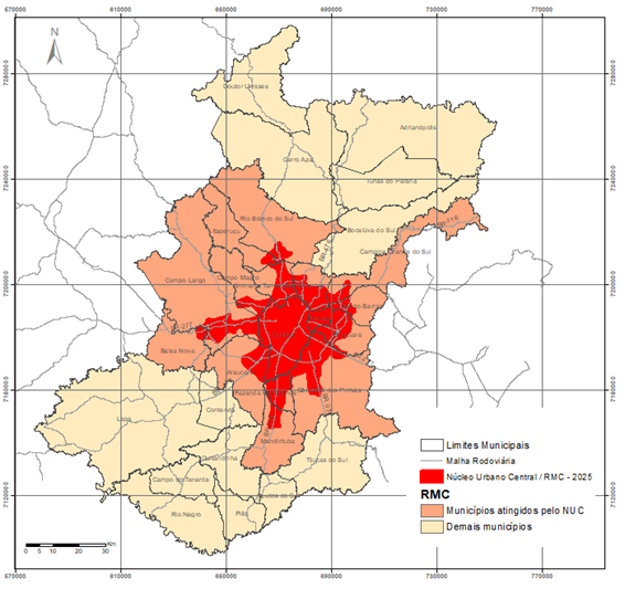 Figura 7 - Municípios atingidos pelo Núcleo Urbano Central da Região Metropolitana de Curitiba, 2005