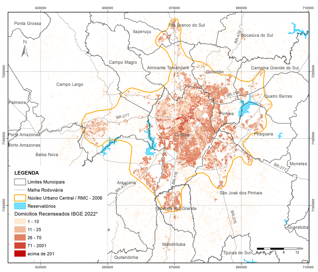 Figura 6 - Limites do NUC/RMC (2006) e os Domicílios de Ocupação Permanente Recenseados (2022).