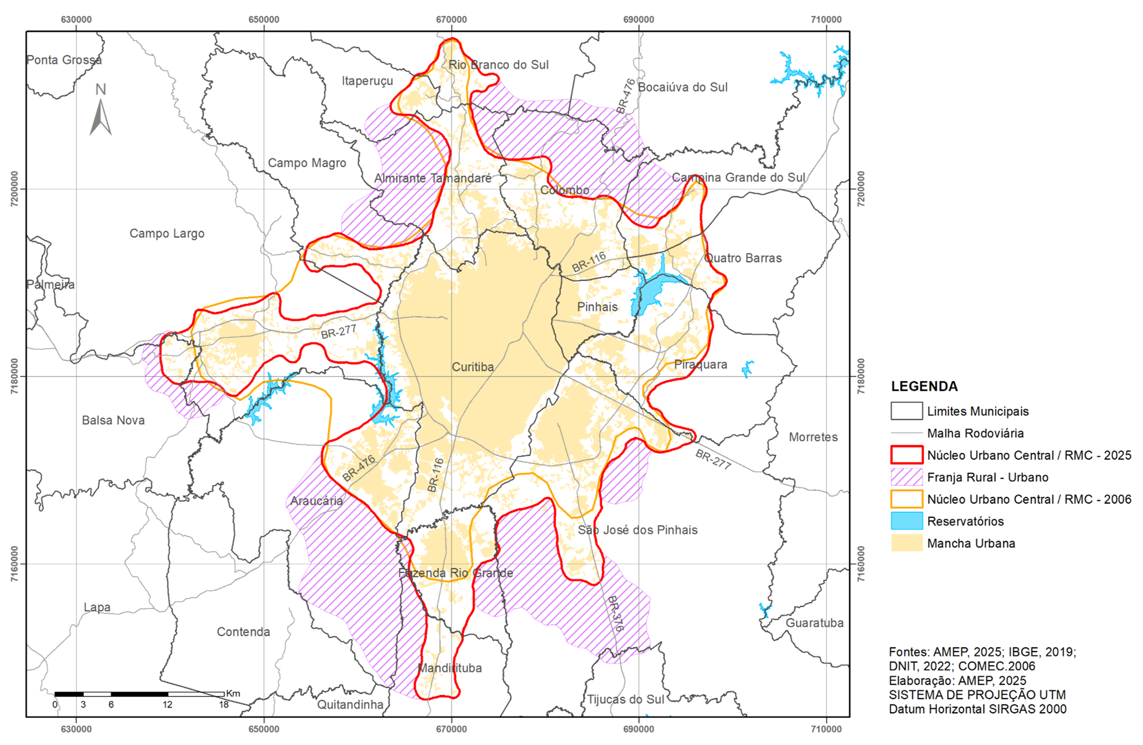 Mapa 2 - Traçado do Núcleo Urbano Comum da Região Metropolitana de Curitiba e Franjas Rural-Urbanas, 2025