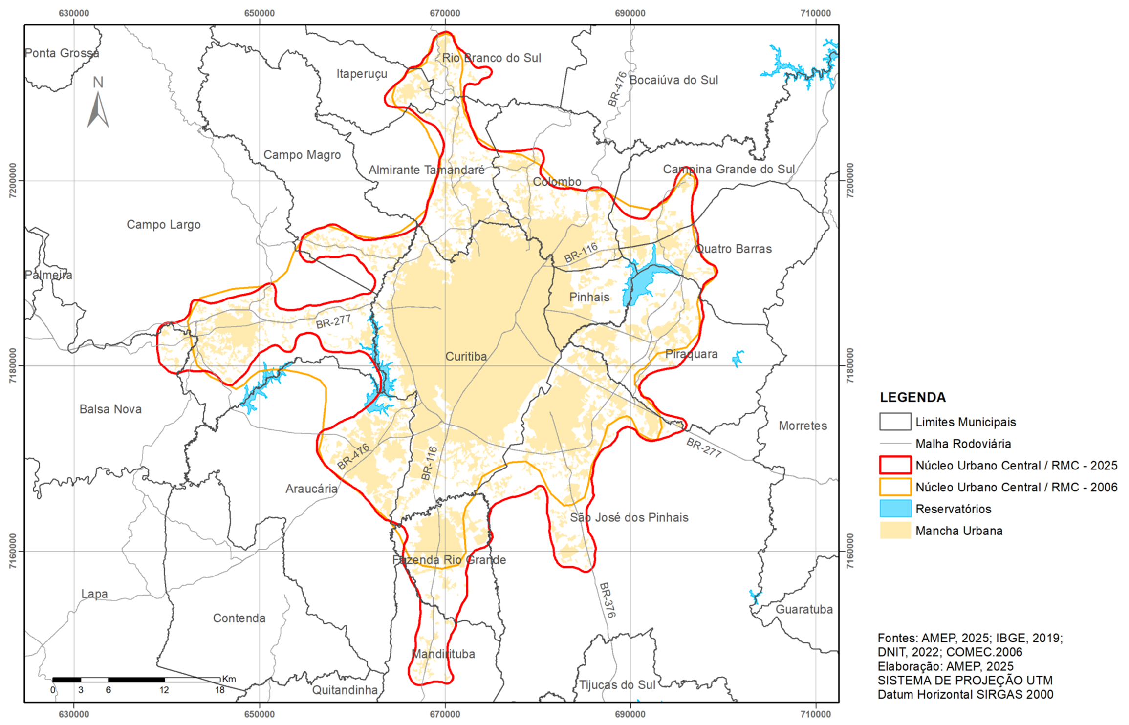 Mapa 1 - Traçado do Núcleo Urbano Central da Região Metropolitana de Curitiba, 2006 e 2025.