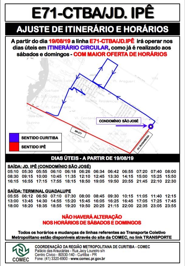 grade com novos horários e itinerário