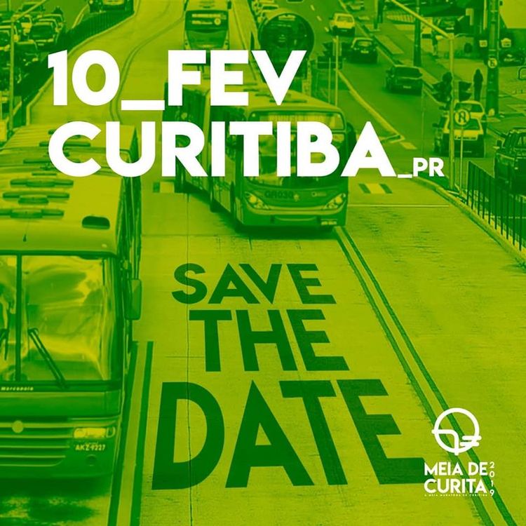 Foto da canaleta de ônibus com os dizeres dez de fevereiro save the date e o logotipo da meia maratona no canto inferior direito