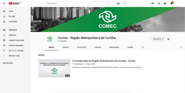 Print screan da tela da página da Comec no Youtube