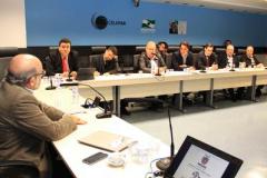 Da esquerda para direita: Omar Akel (Comec), Raul Siqueira (Comec), Odoné Serrano Júnior (Ministério Público),  Carlos Stabach (Assomec), secretário Ratinho Júnior (Sedu),deputado Alexandre Guimarães, Alberto Velozo Machado (Ministério Público), João Carlos Ortega (Sedu). 